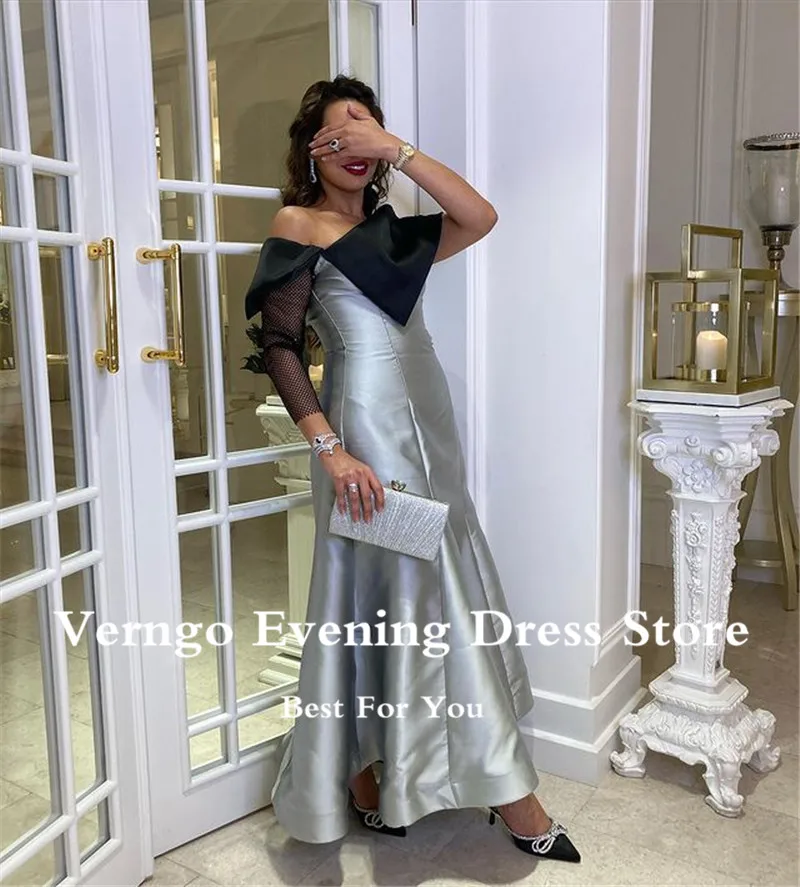 Verngo Saudi Arabric Frauen Formale Abendkleider Silber Satin Schwarz Neck Mermaid Bodenlangen Prom Kleid Nach Maß 2022