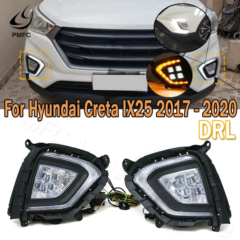 PMFC 1Pair DRL LED Daytime Running Light Fog Lamp With Yellow Turn Signal Lamp For Hyundai Creta IX25 2017 2018 2019 2020