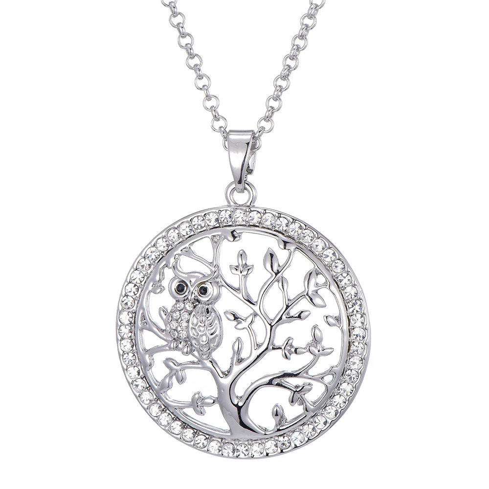 Owl Tree of Life Necklaces & Pendants CZ Crystal Round Gold Chain Long Necklace For Women Fashion Statement Jewelry Party Gift