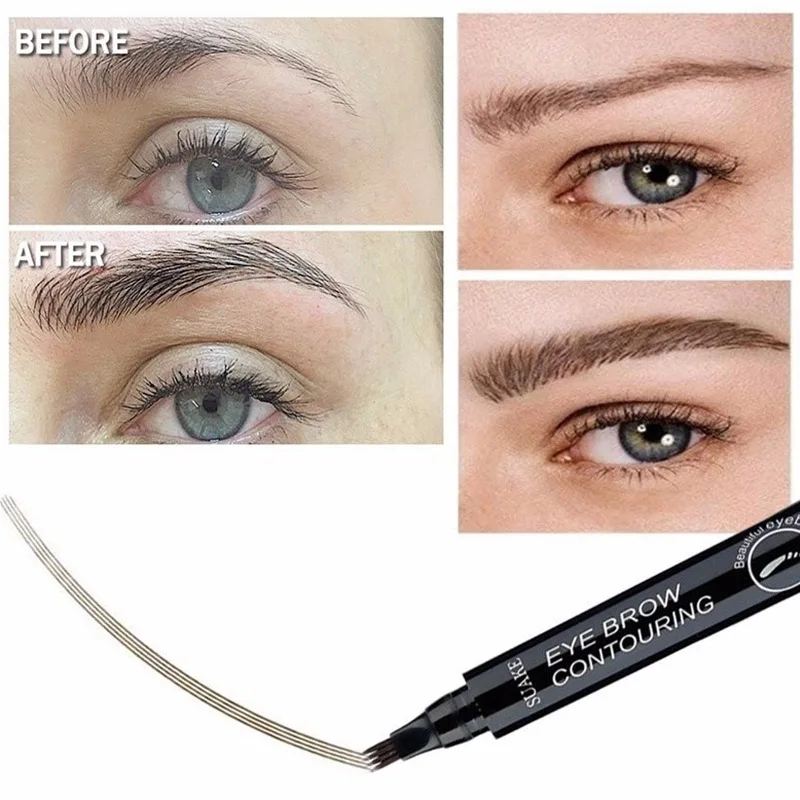 Lápiz de cejas líquido marrón de larga duración para mujer, 5 colores, resistente al agua, 4 Puntas de horquilla, tatuaje, cosmético de ojos,