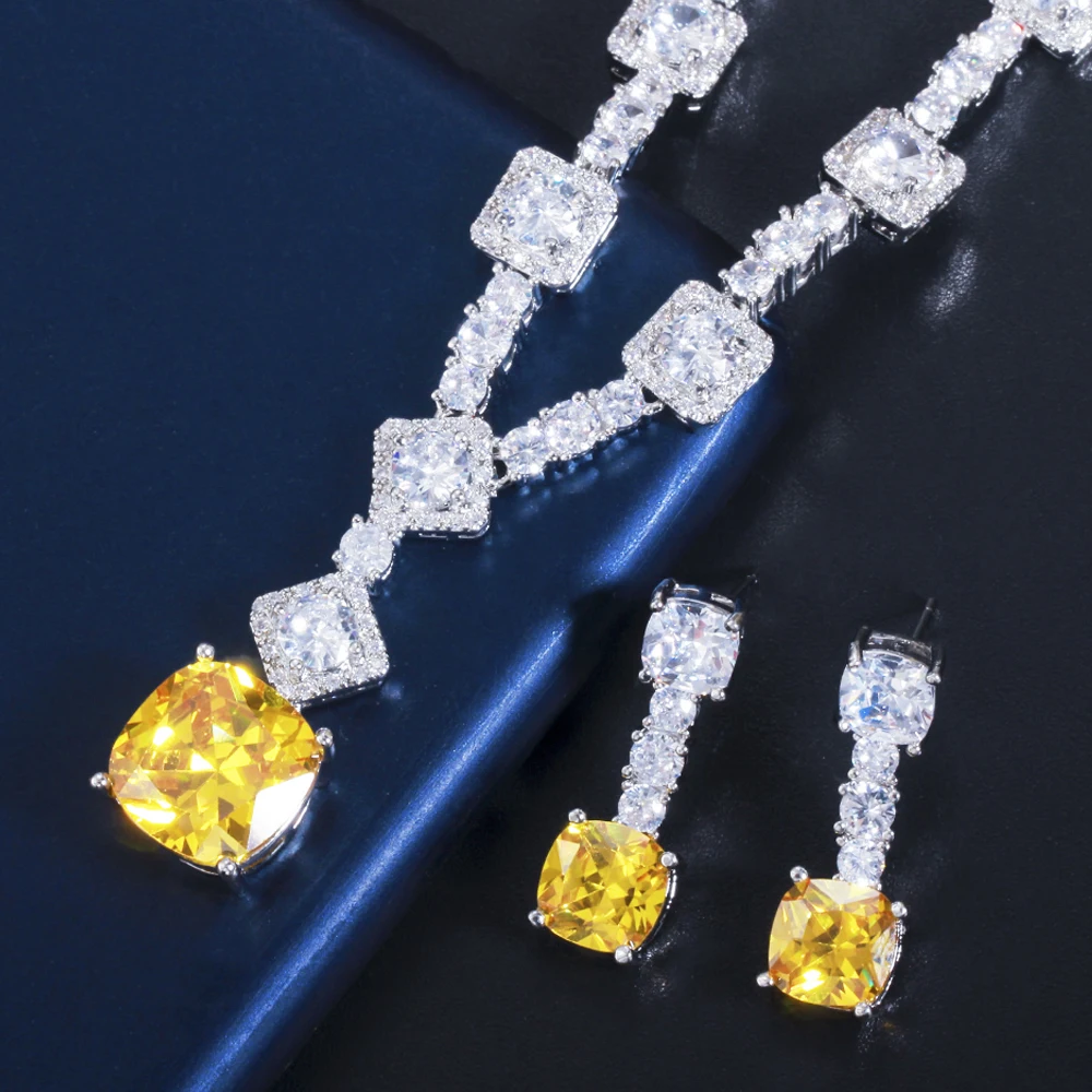 ThreeGraces Elegant Yellow CZ Crystal Silver Color Big Square Drop Earrings Necklace Wedding Party Jewelry Sets for Women TZ581