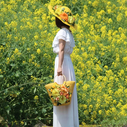 Sac à main en paille multicolore pour femmes, fourre-tout bohème, vacances d\'été, photographie, design original, mode, tissé, rotin, fleur, sac de