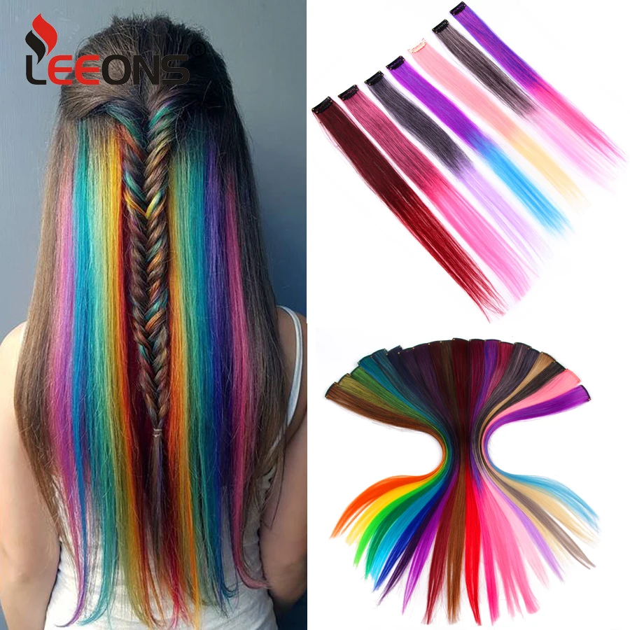 

Synthetic Hairpieces Long Clip In One Hairpiece Straight Colorful Hair Extensions For Kids Rainbow Hair Streak Highlights