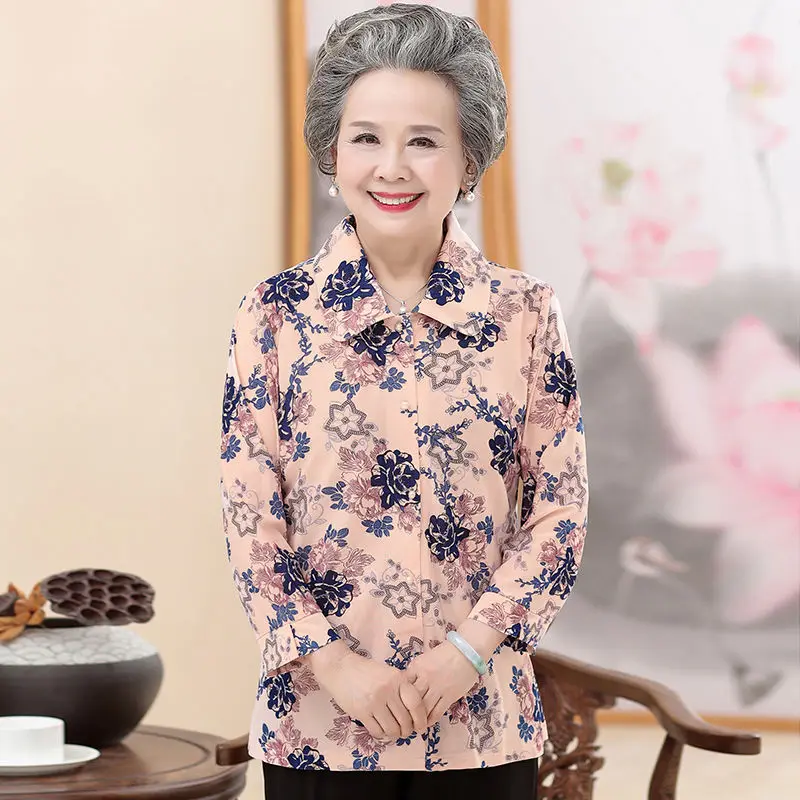 Middle-aged Elderly Women\'s Shirts 2022 New Spring Summer Autumn Long Sleeve Printed Shirts Blouse Loose Casual Female Tops 5XL