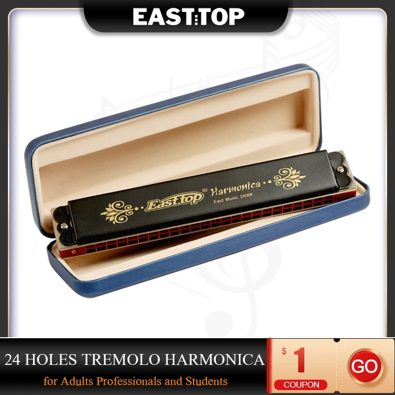 EASTTOP T2406K 24 Holes Tremolo Harmonica Key of C Tremolo Mouth Organ Harmonica for Adults Students Professionals