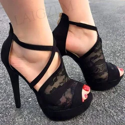 BERZIMER Women Platform Sandals Lace Faux Suede High Heels Ladies Sandals Party Prom Ladies Shoes Woman Large Size 43 44 50 52