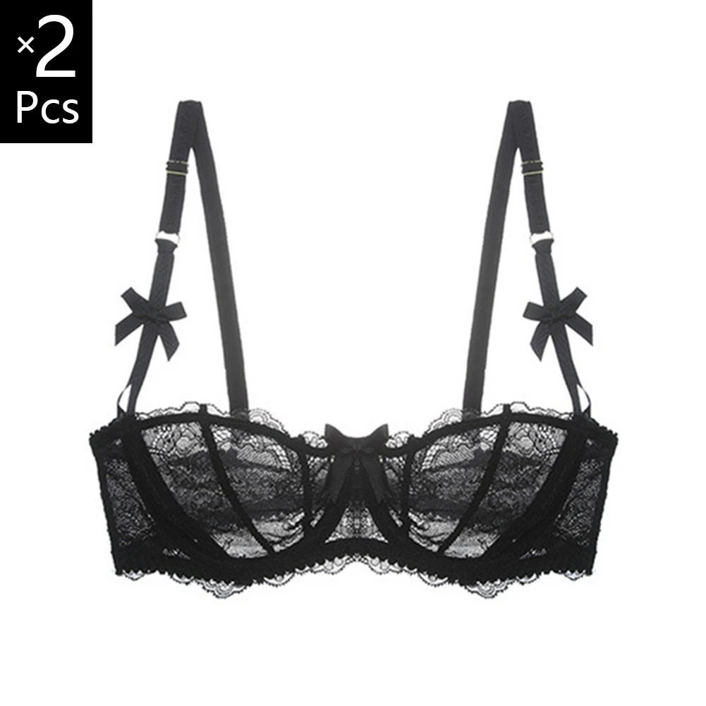 2 Pieces Female Sexy Lingerie Plus Size Half Cup Bras For Women Transparent Underwire Push Up Lace Brassiere Top A B C D E Cup