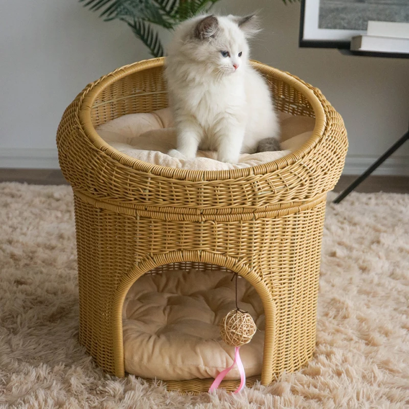 Cat's House Handwoven Pet Nest Double Layer Cat Bed Basket Cat Cushion Sleeping Mat Accessories Supplies Puppy Kennel Cozy Cave