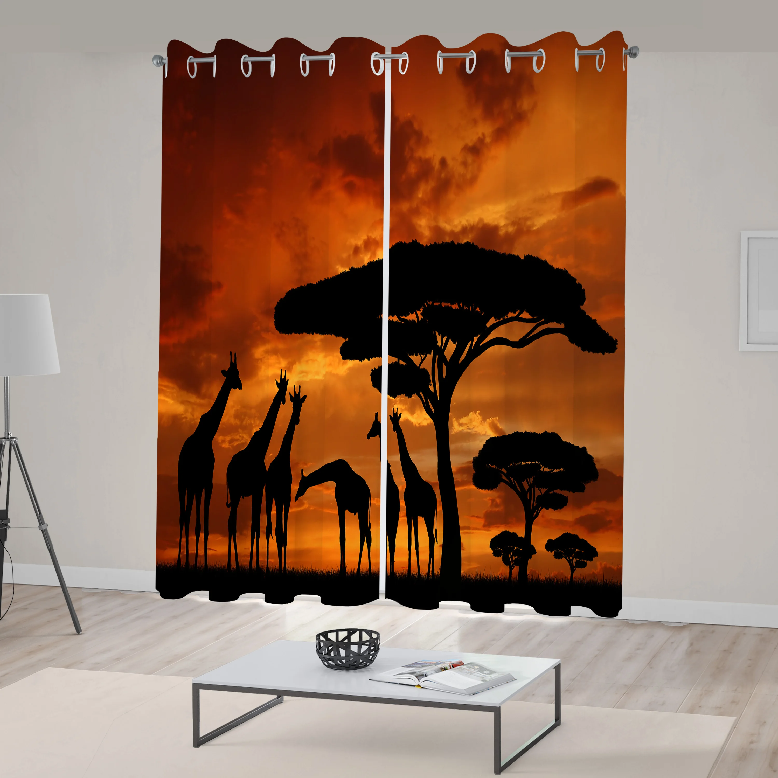 Africa Window Curtains Safari Animal with Giraffe Crew with Majestic Tree at Sunrise in Kenya Living Room Decor Bedroom Orange