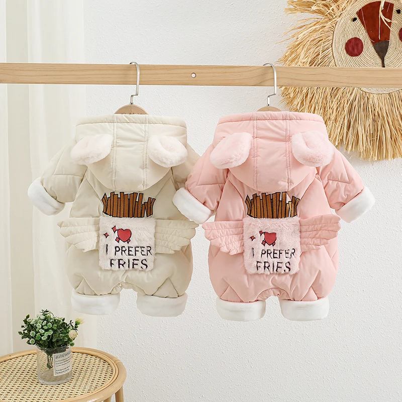 Children's Winter Hooded Rompers Fashion Cute Wing Decoration Down Jumpsuit Korean Style Fleece Thick Embroidery Romper