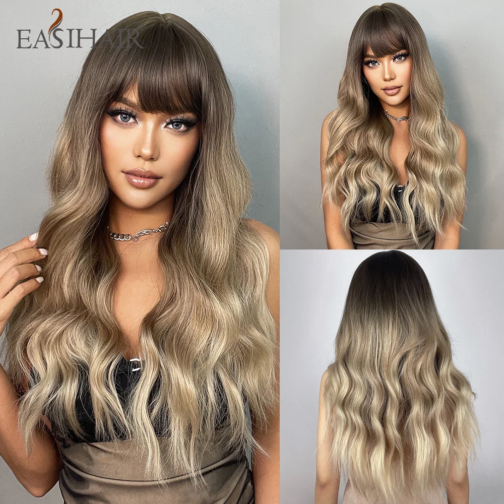 EASIHAIR Ombre Brown Golden Wave Wig with Bangs Synthetic Long Curly Hair Wigs for Women Female Fake Har Heat Resistant Fiber