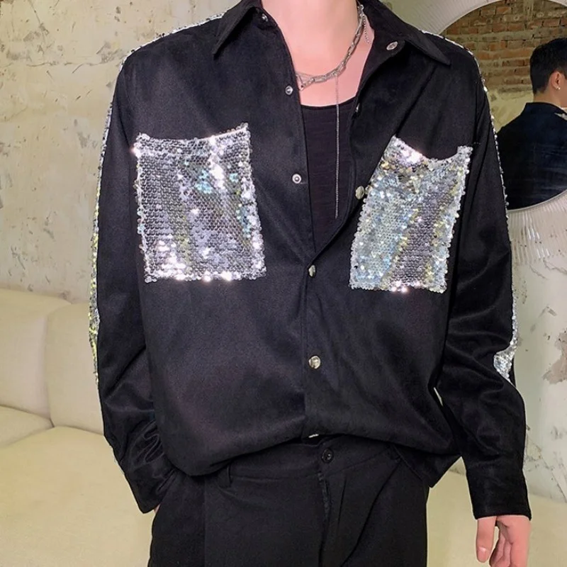 

Personality Mens Sequined Nightclub Shirts Gothic Patchwork Loose Fit Long Sleeve Casual Men Black Top Korea Fashion Men Clothes