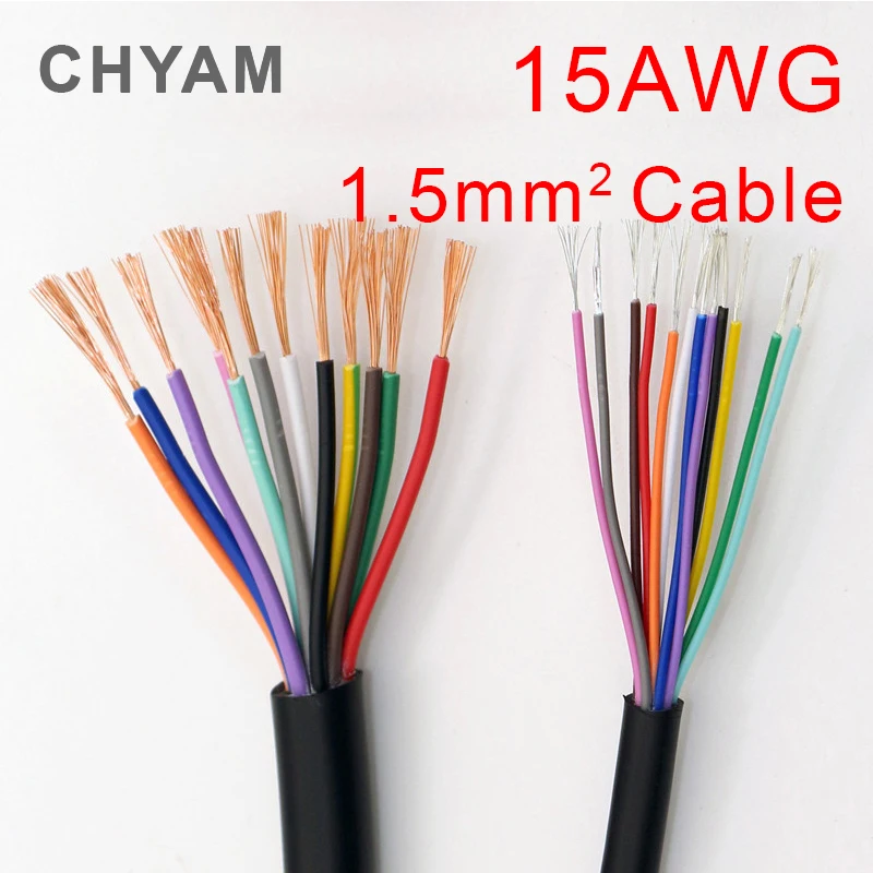 

RVV Cable Black 15 AWG 1.5mm2 RVV 2/3/4/5/6/7/8/10/12/14/16/18 Cores Pins Copper Wire Conductor Electric