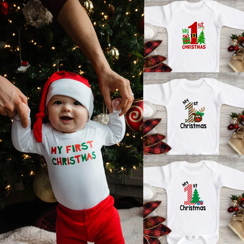 Baby Boys First Christmas Outfit Unisex Baby's 1st Christmas Clothes for Newborn Boys or Girl Red and Green Funny Logo Jumpsuit