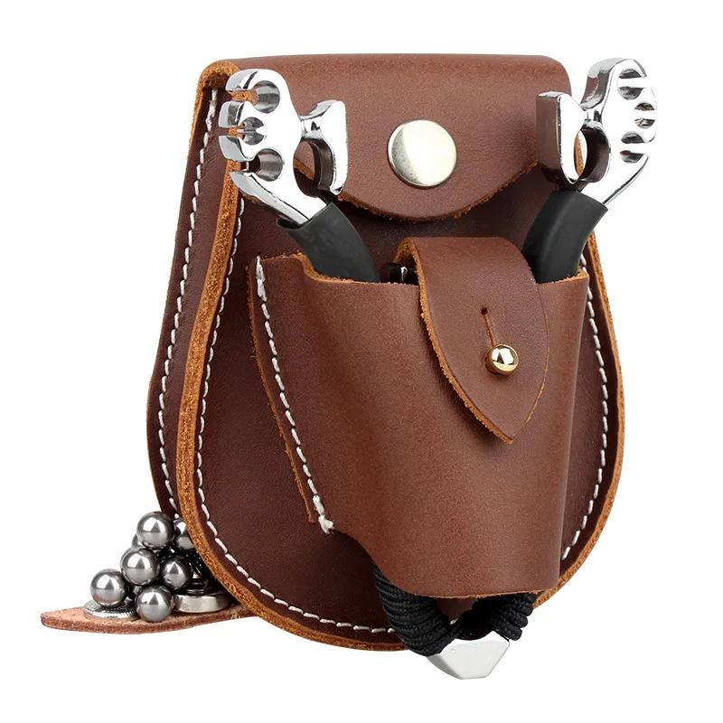 

New slingshot steel ball integrated bow bag vegetable tanned cowhide bead bag self-defense steel ball storage bag slingshot bag