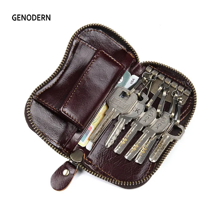 

GENODERN Genuine Leather Key Wallets with Coin Pocket Vintage Man Key Holder Cowhide Housekeeper Coffee Key Purse for Men