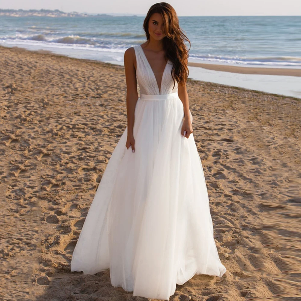 Solid White Tulle Wedding Gowns For Woman Beach Bohemian Style A Line Bridal Dress Sexy Double V Neck Sleeveless Skirt On Sale