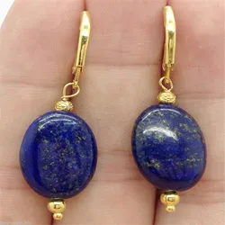 A pair Lapis lazuli Ellipse Gemstone Earrings 18K Eardrop Luxury women Fashion Handmade Earlobe DIY Charming