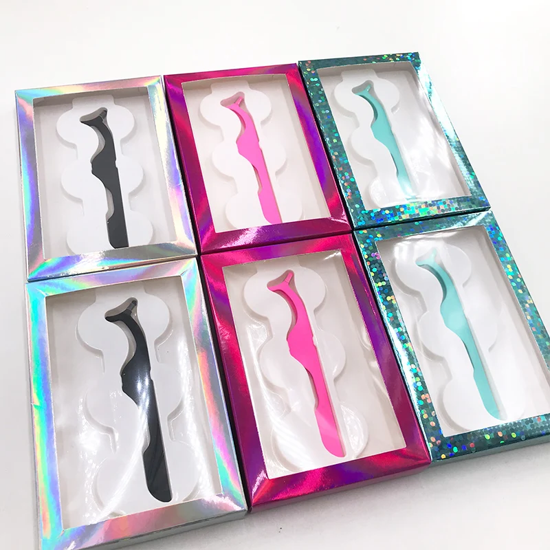 

Wholesale 3 Pairs Lashes Box with Eyelash Tweezers for Natural 3D Mink Eyelashes Holographic Lash Box