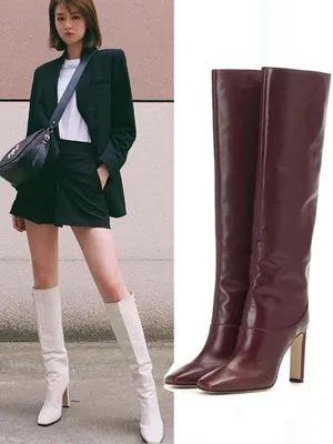 

New Brown Leather Cowboy Knight Boots Square Toe High Heels Knee High Boots Autumn Winter Woman Botas Mujer Runway shoes