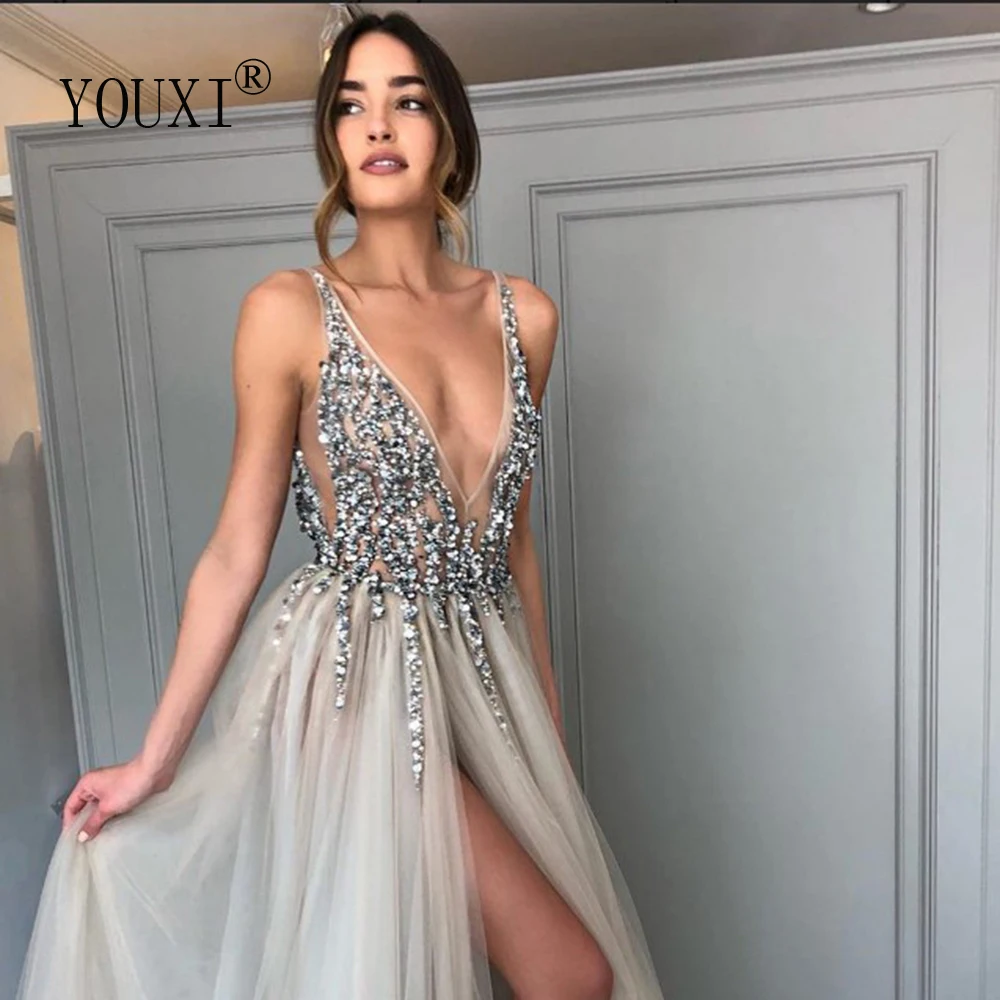 Beading Prom Dresses Long 2024 V Neck Light Gray High Split Tulle Sweep Train Sleeveless Evening Gown A-Line Backless Vestido De