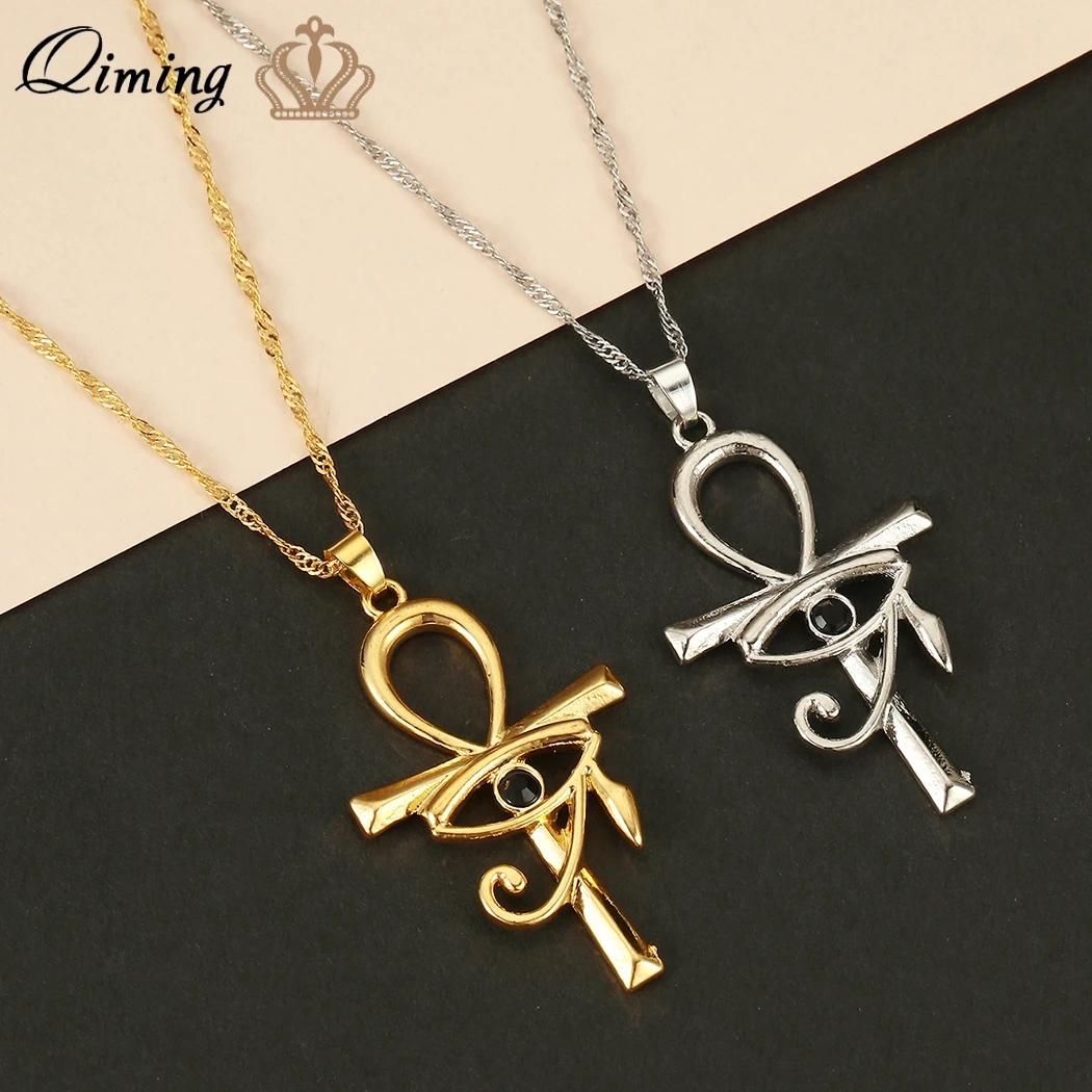 QIMING-Collar de Ojo de Horus y Ankh para hombre y mujer, Collar con Cruz contra el mal de ojo, oro y plata, amuleto egipcio antiguo, Collar de crucifijo