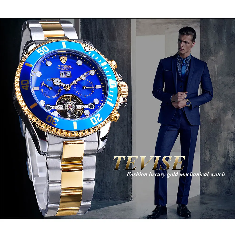 TEVISE Tourbillion Calendar Design Blue Golden Royal Navy Mens orologio automatico di marca Top Luxury Mechanical Hour maschio impermeabile