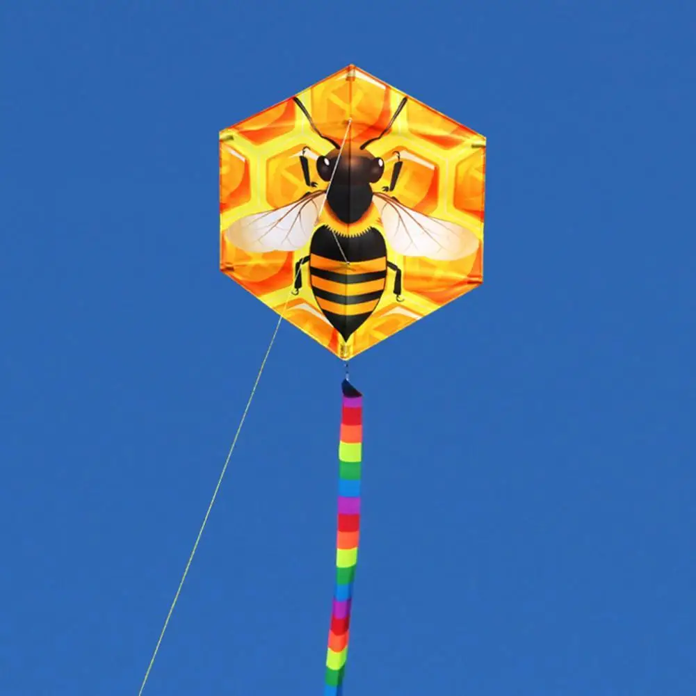 Bee Kite Cartoon Style Honeycomb Print Colorful Yellow Hexagon Flying Kite Colorful Lifeful Bee Plaid Cloth Kite Toy for Outdoor