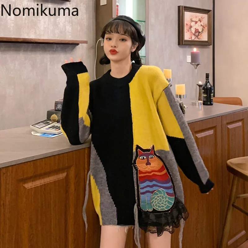 Nomikuma Cartoon Cat Appliques Pullover Sweater Causal Korean Contrast Color Patchwork Knitted  Women Top 2023 New 6C139