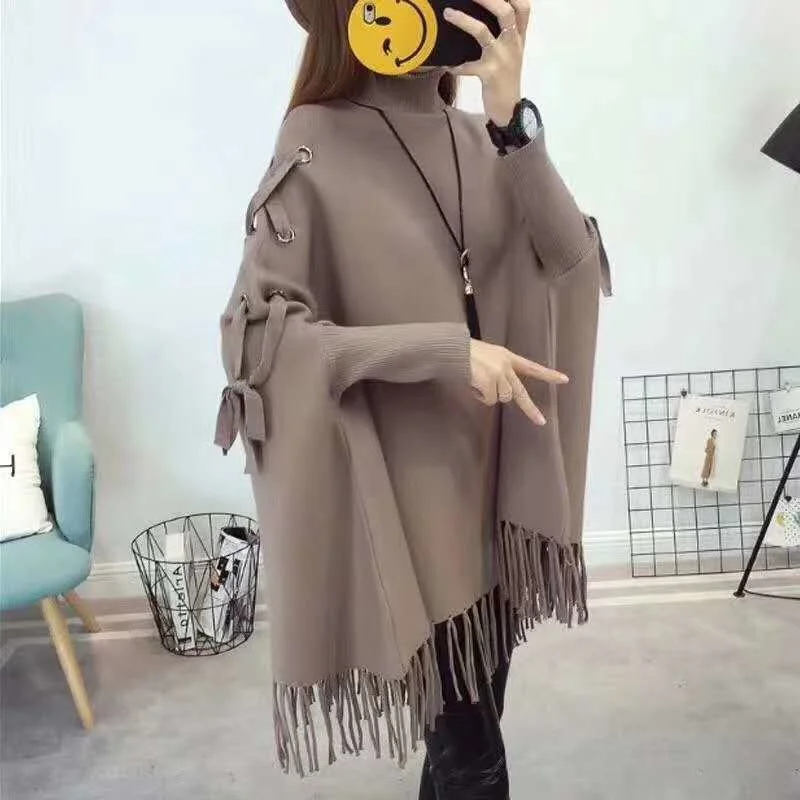 Women Cloak Sweater Drawstring Solid Casual Loose Batwing Sleeve Knitted Cape Pullover Spring Autumn Tassel Ladies Jumper Poncho