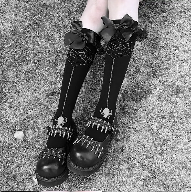 

Gothic lolita Dark Harajuku spider web bow black jk uniform stockings long socks lolita cosplay dark black devil stockings