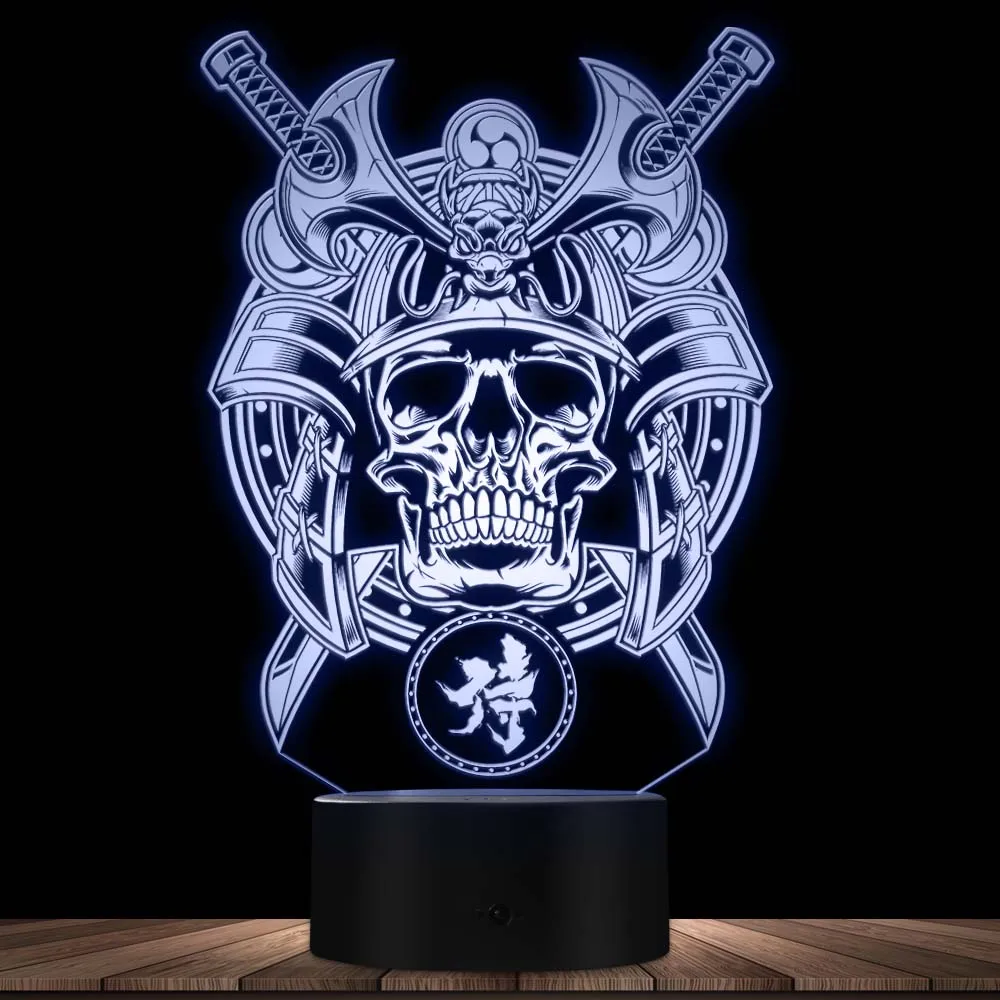 

Samurai warrior Skull with traditional japanese sword of katana 3D Visual Lamp Novelty Night Light Vintage Skeleton Home Decor