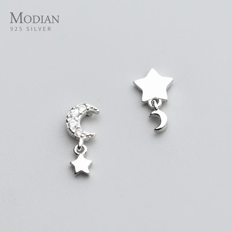 Modian Moon Clear CZ Swing Stud Earrings Sparkling Stars 925 Sterling Silver Charm Exquisite Studs Ear For Women Fine Jewelry