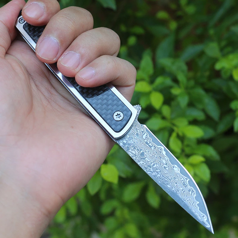 Free shipping New style  sharp Damascus steel camping tool folding knife Carbon fiber  handle outdoor self-defense knife