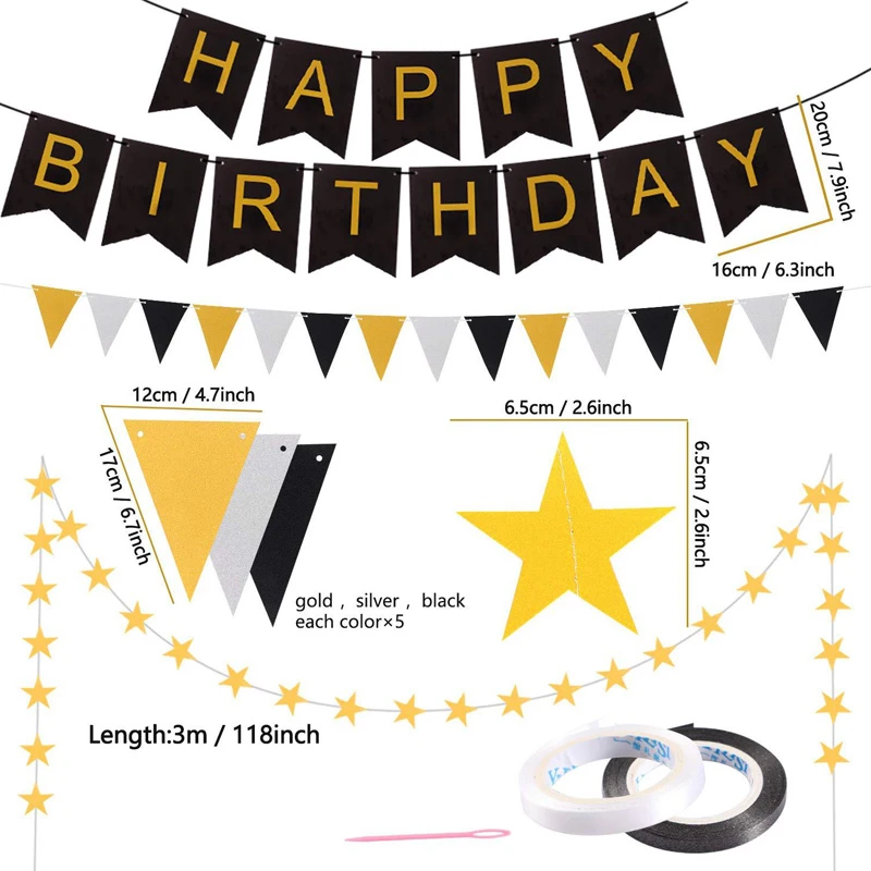 Globos de papel de aluminio dorado y negro, decoraciones para fiesta de feliz cumpleaños para adultos, pancarta de papel tisú, pompones de papel, suministros de regalo de aniversario