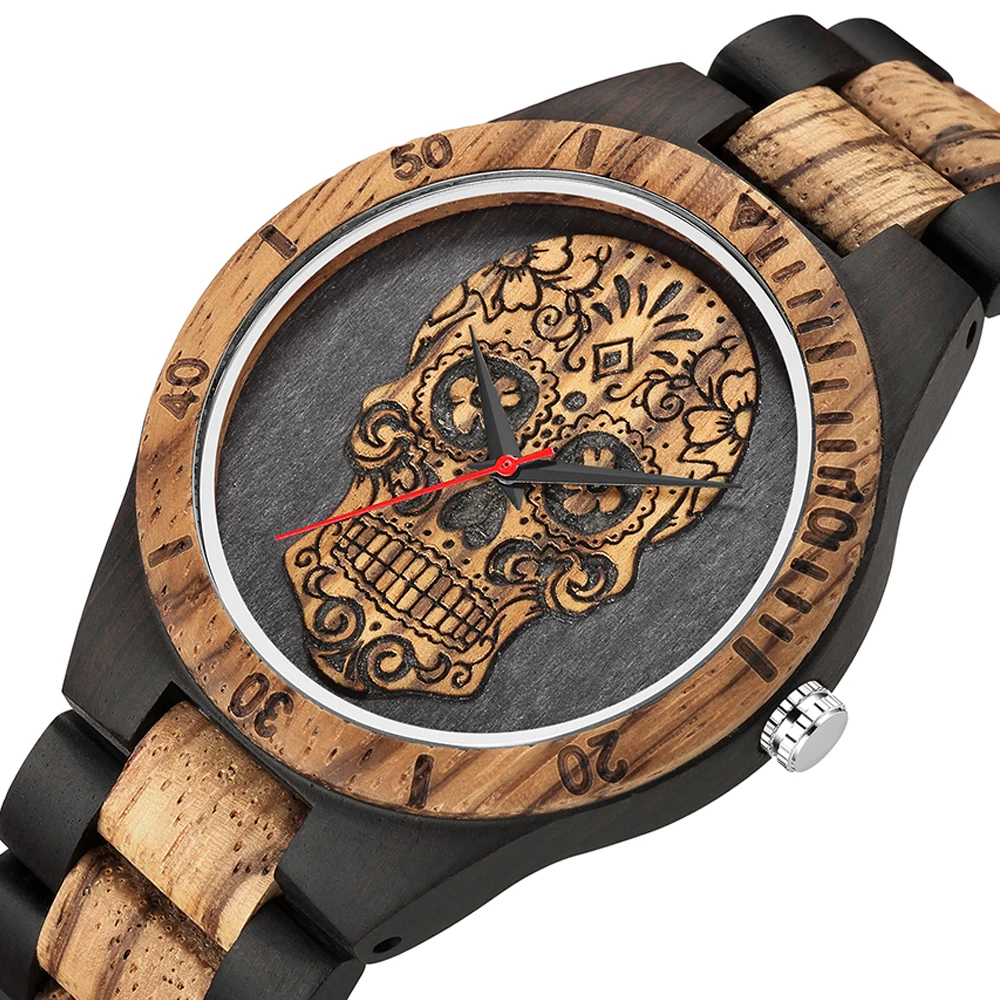 Jam tangan pria kepala tengkorak kayu kualitas tinggi jam tangan kayu untuk pria Skeleton terukir Meksiko Punk Rock Dial jam kayu jam tangan pria relogio masculino