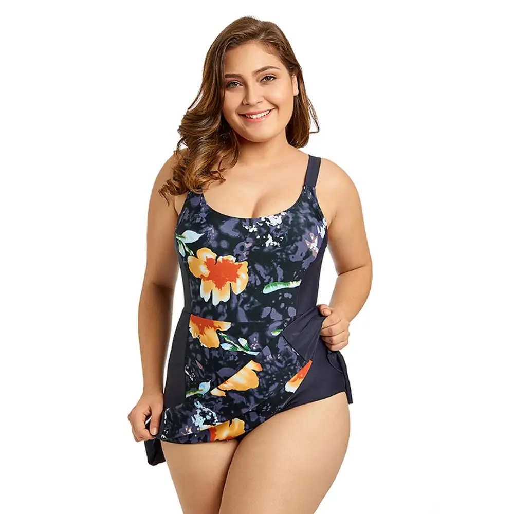 Women Modest Swimdress Plus Size One Piece Swimsuit Skirted Swimwear Summer Floral Printed Lady Biquini Beachwear Bathing Hawaii