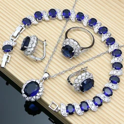Silver 925 Jewelry Sets for Women Wedding Bridal Birthday Jewelry Blue Tanzanite Bracelet Rings Earrings Pendant Necklace Set