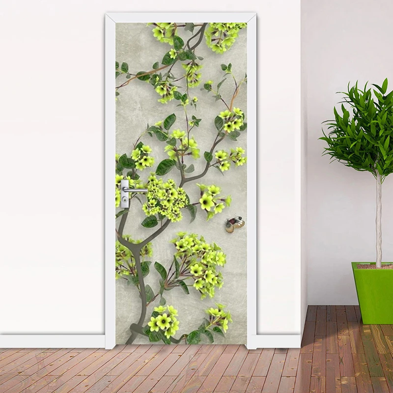 Nieuwe Chinese Stijl 3D Pvc Deur Sticker Voor Slaapkamer Badkamer Decoratie Waterdichte Zelfklevende Diy Foto Muurschildering Lotus Bladeren boom