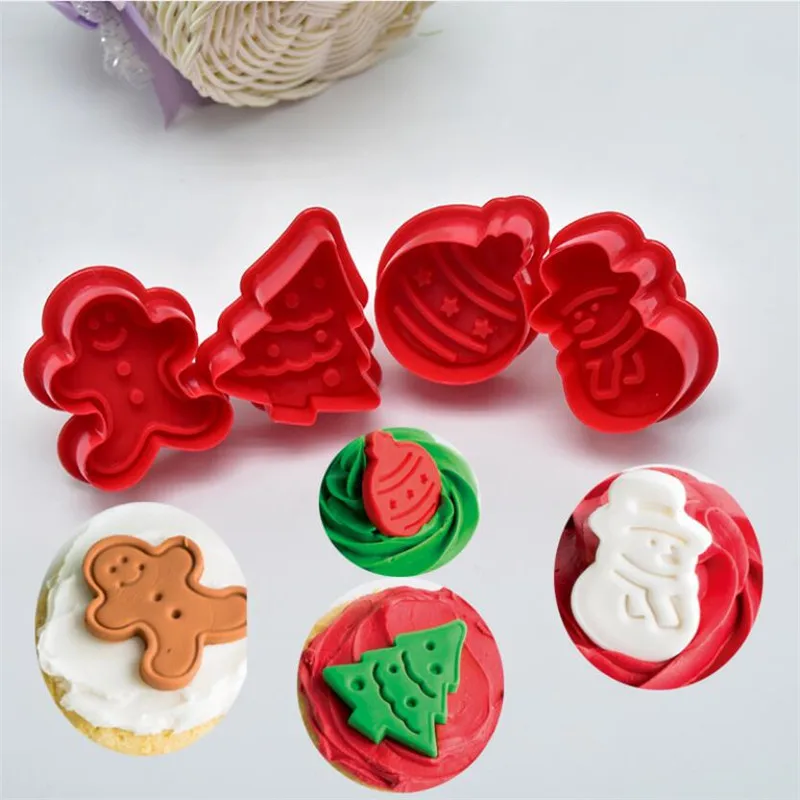 4pcs Cute Baking Biscuit Cutter Mould Plunger Christmas Tree Snowman Cookie Mold Kitchen Baking Cutting Tool Reusable