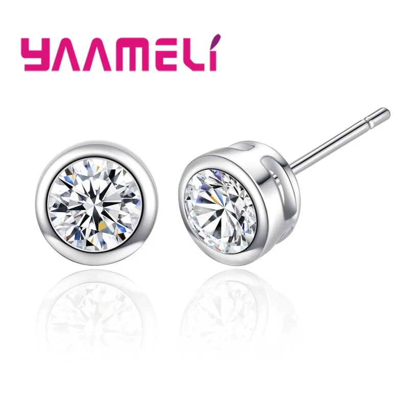 Simple Round CZ Crystal Earrings 925 Sterling Silver for Women Men Unisex Gift AAA Cubic Zircon Party Jewelry