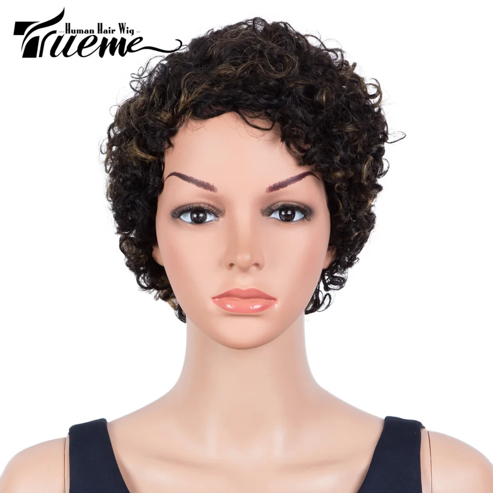 Trueme-Peluca de cabello humano rizado para mujer, pelo corto brasileño, Color Natural, corte Pixie Suelto