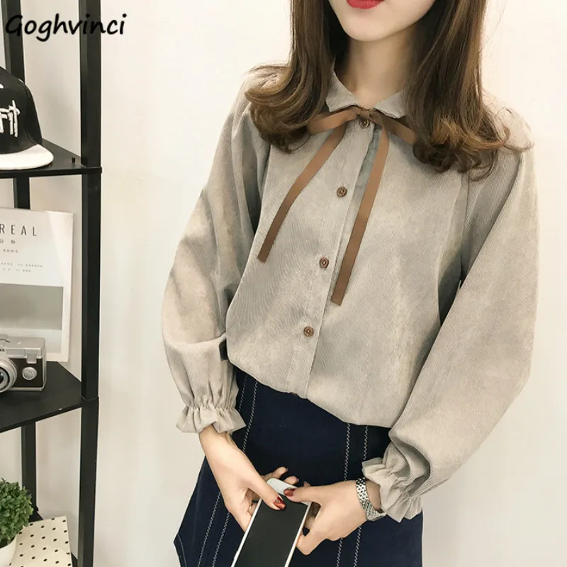 Shirts Women Bow Turn-down Collar Flare Sleeve Korean Style Chic Corduroy Autumn Elegant Vintage Womens Daily Casual Blouses New