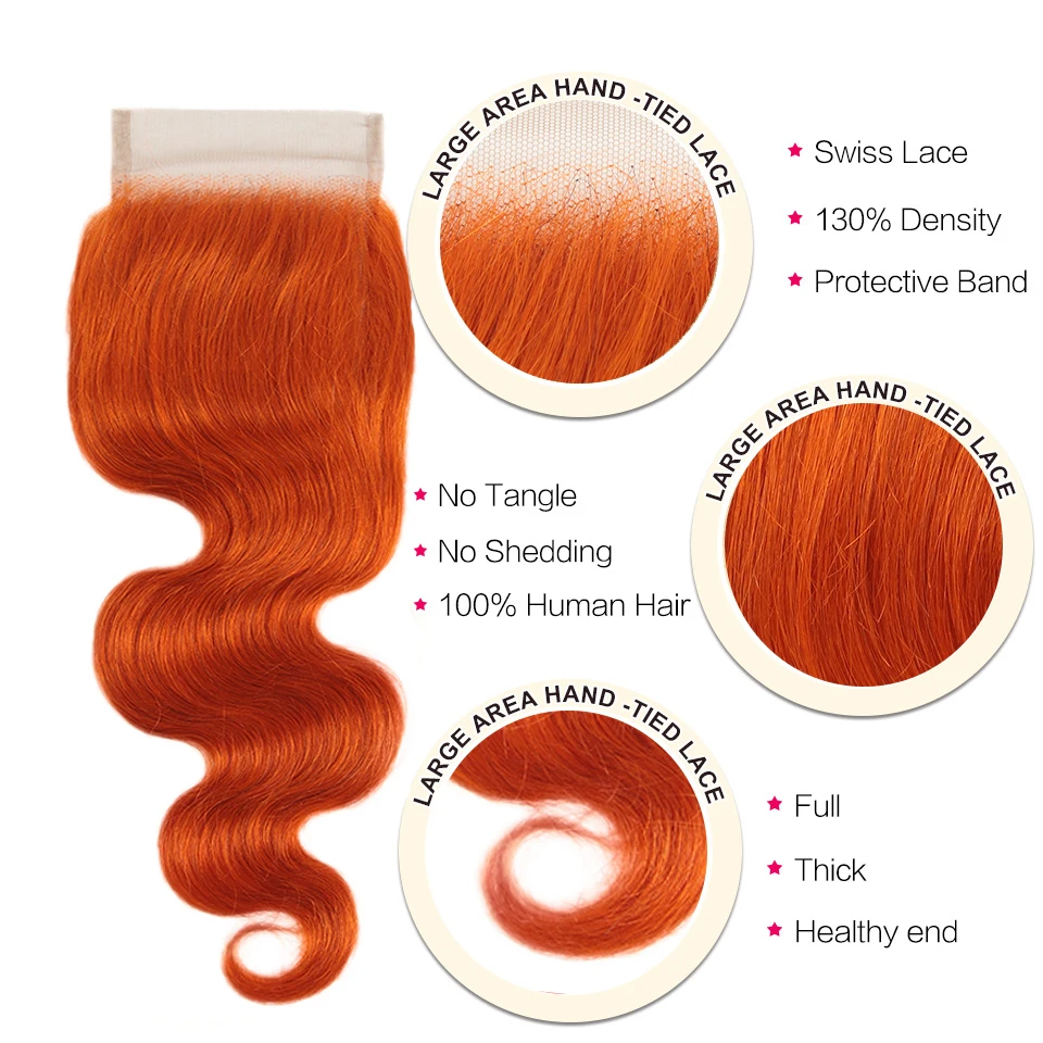 Black Pearl Orange Bundles With Closure Malaysian Body Wave Remy Human Hair Weave Orange Bundles With Closure