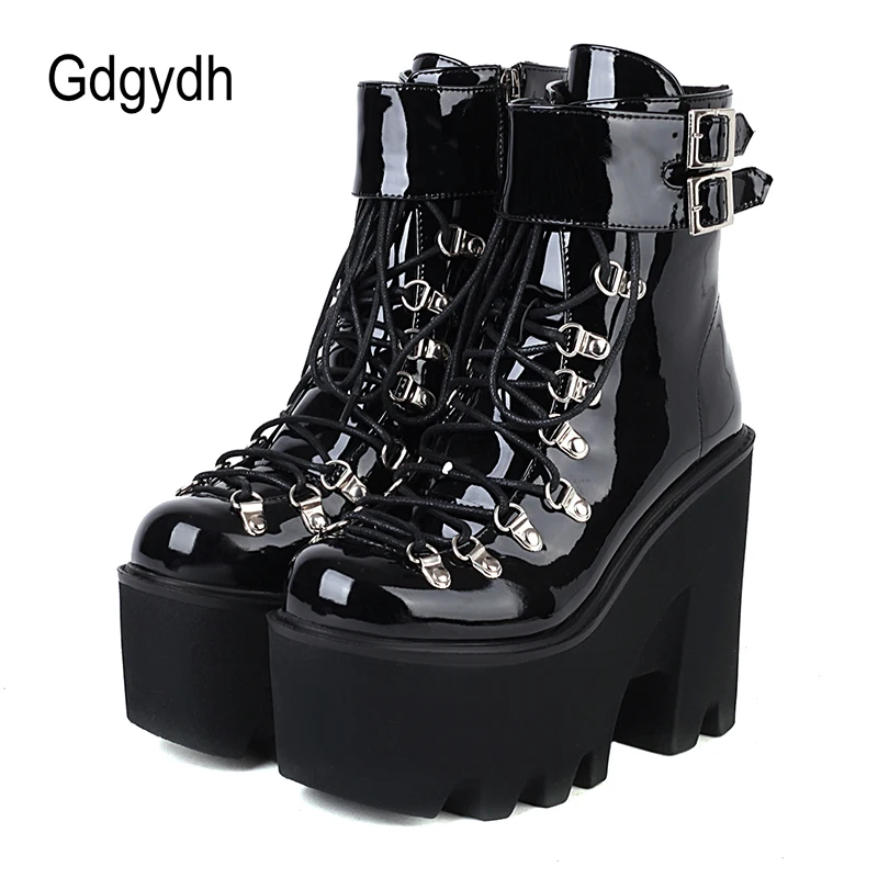 Gdgydh Belt Buckle Strap Ankle Boots Women Waterproof Platform Thick Bottom Too High Heels Boots Gothic Style Autumn And Winter