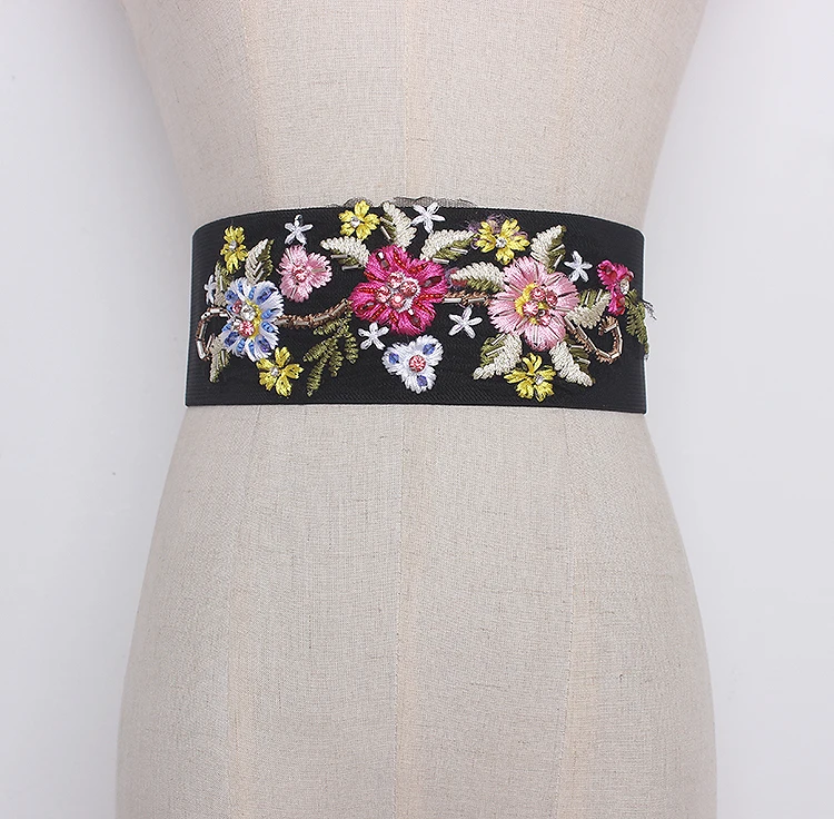 Women's runway fashion flower beaded elastic black Cummerbunds female Dress Corsets Waistband Belts decoration wide belt TB1540