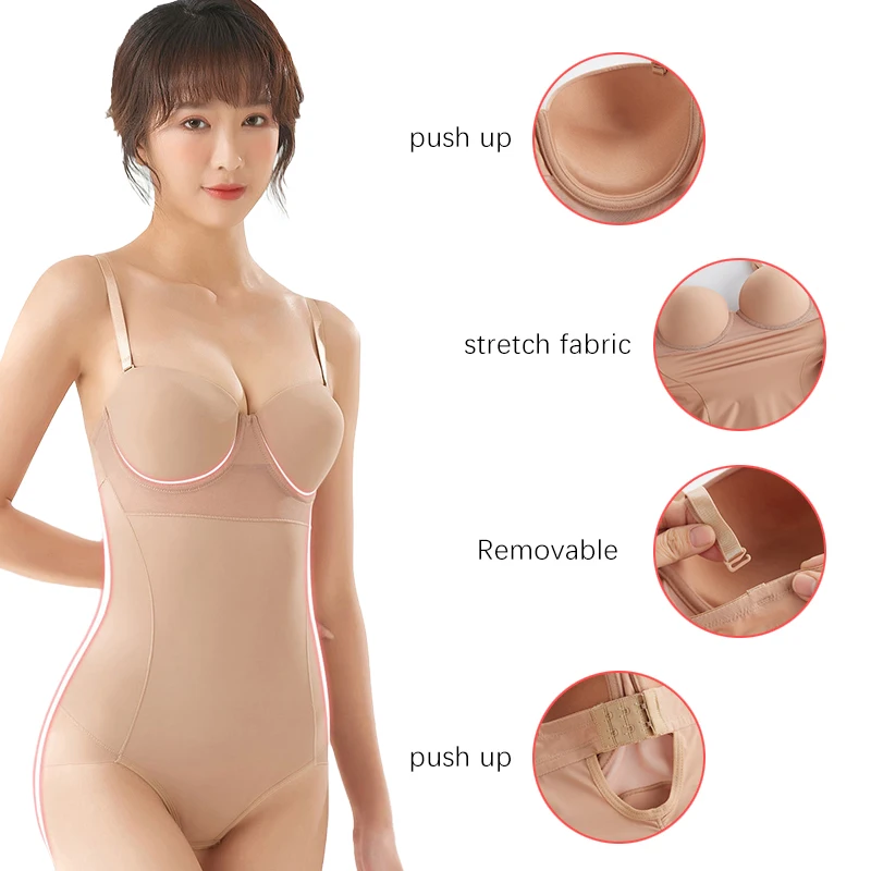 Damen Vintage Bodysuit Unterwäsche Verstellbare Bügel-Bodysuits Schwarz Dehnbar Nahtlose Shapewear Beige – Detail 10