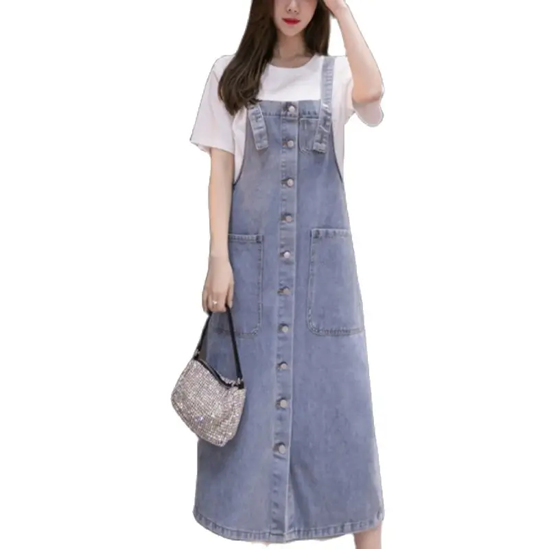 

2022 Denim suspender skirt female spring and autumn new long loose single-breasted wild sling dress A445