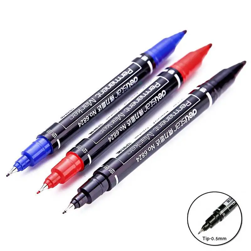 3pcs/set Twin Tip Permanent Marker Black/Blue/Red Waterproof Fine Point Marker pen for School Office Supplies Student Stationery