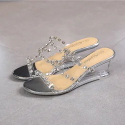 Sexy New Wedges Platform Sandals Women 2021 Summer Beach High Heels Shoes Female Clear Heel Rhinestone Causal Slippers TWS1032